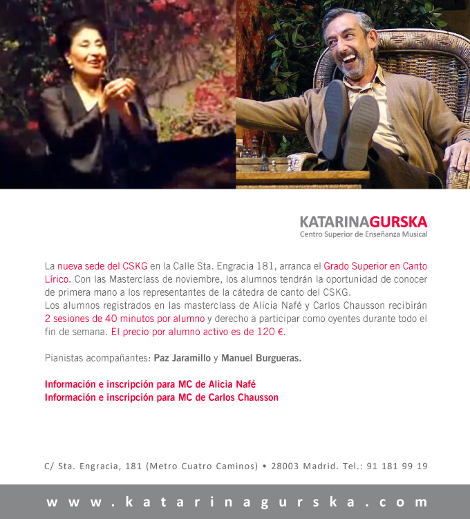 centro superior de ensenanza musical katarina gurska  Masterclass de Alicia Nafé y Carlos Chausson en la nueva sede del CSKG